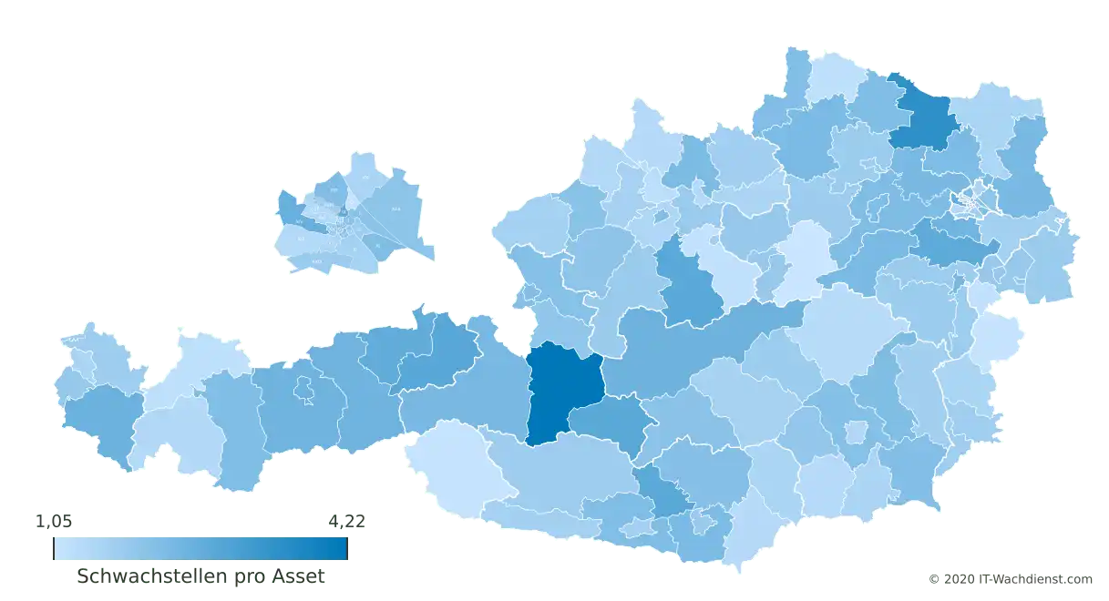 Österreich Bezirk-Karte: Schwachstellenanzahl pro Asset