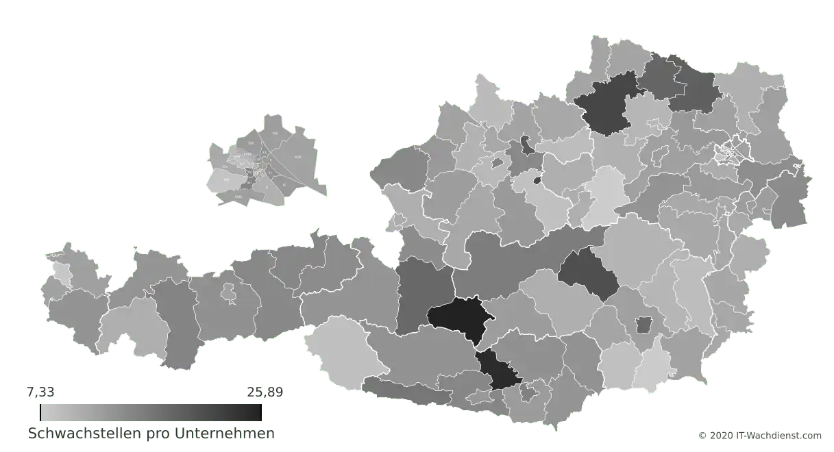 Österreich Bezirk-Karte: Schwachstellenanzahl pro Unternehmen