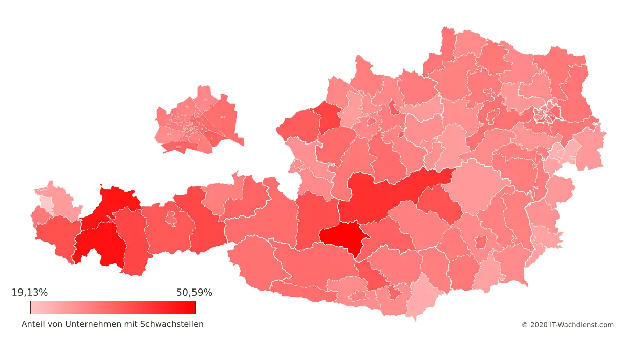 Österreich Bezirk-Karte: Schwachstellenkritikalität pro Unternehmen