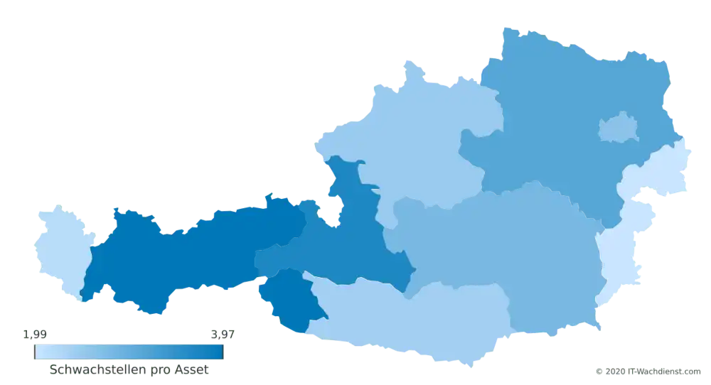 Österreich Bundesland-Karte: Schwachstellenanzahl pro Asset