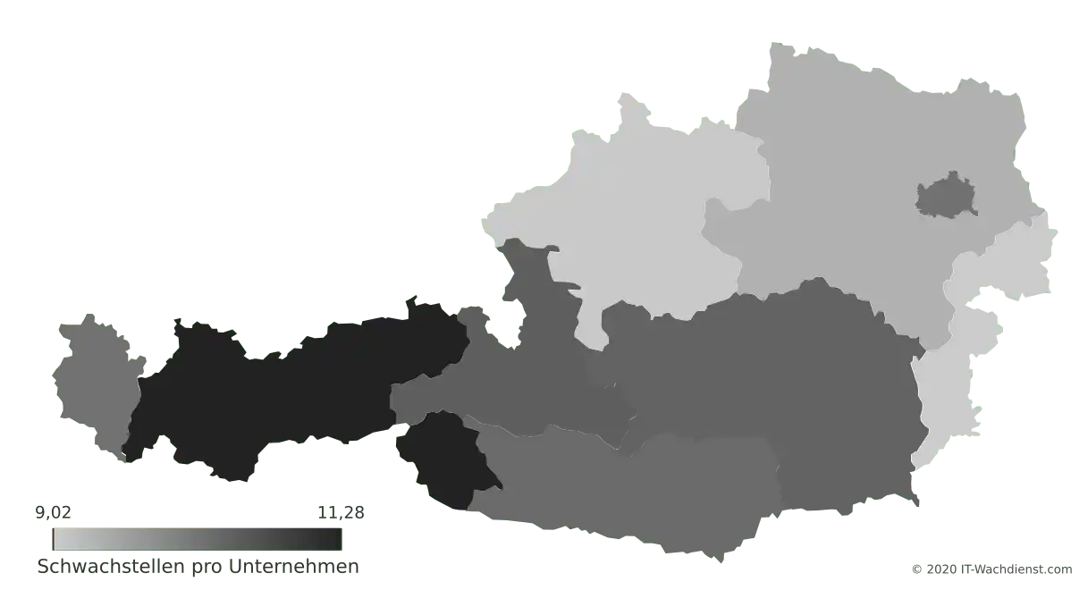 Österreich Bundesland-Karte: Schwachstellenanzahl pro Unternehmen