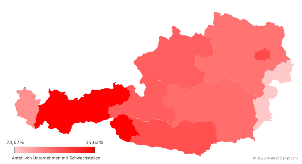 Österreich Bundesland-Karte: Schwachstellenkritikalität pro Unternehmen